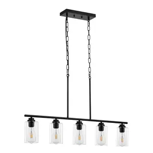 VEVOR 5-Light Kitchen Island Pendant Lights, 60W, Adjustable Dining Room Light Fixture with Clear Glass Lampshade 4 Rods 2 Metal Chains, Metal Frame Farmhouse Linear Chandeliers for Dining Room, E26