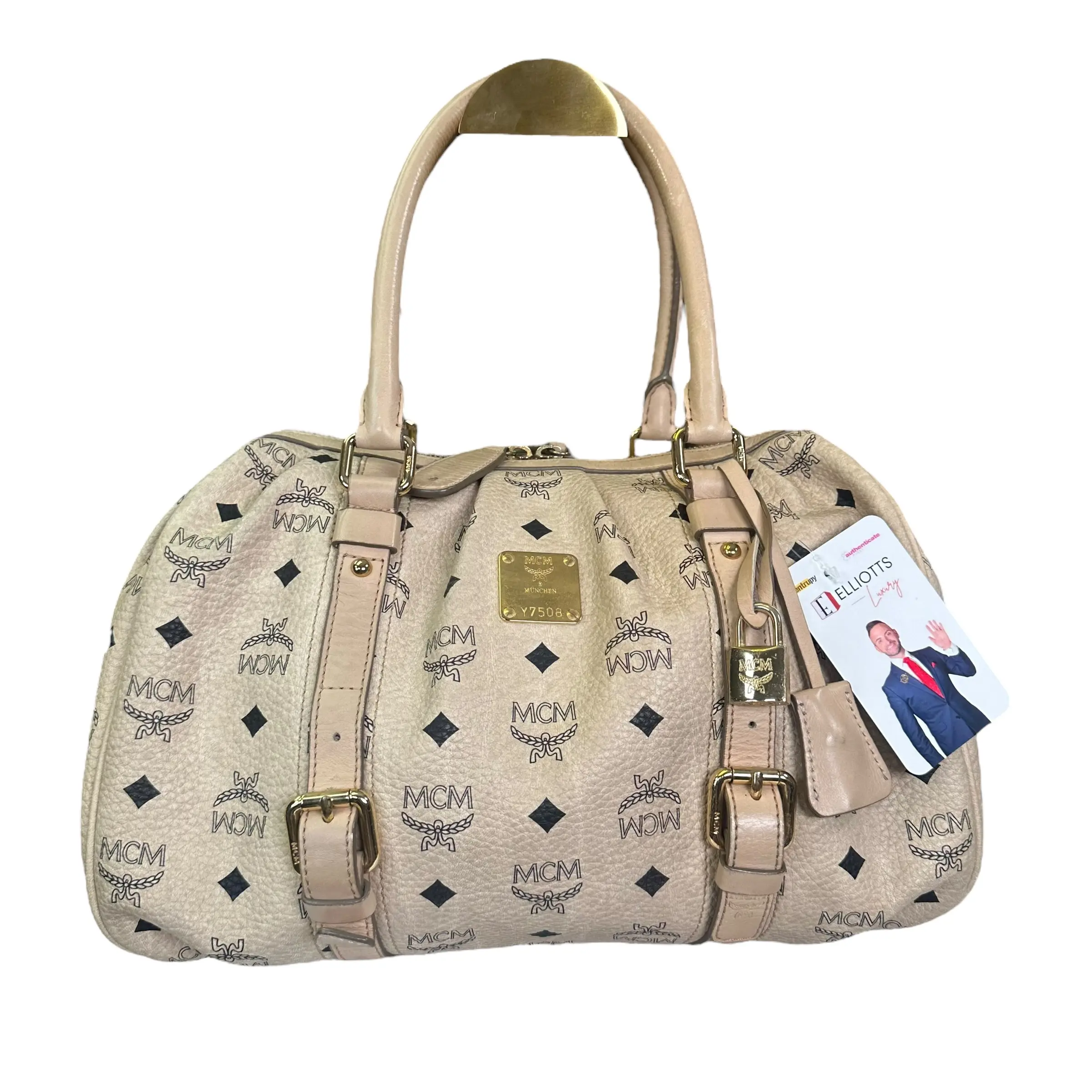 Pre-owned MCM Coated Canvas Shoulder Bags Visetos Leather Creme Goldtone Leather Satchel Purse