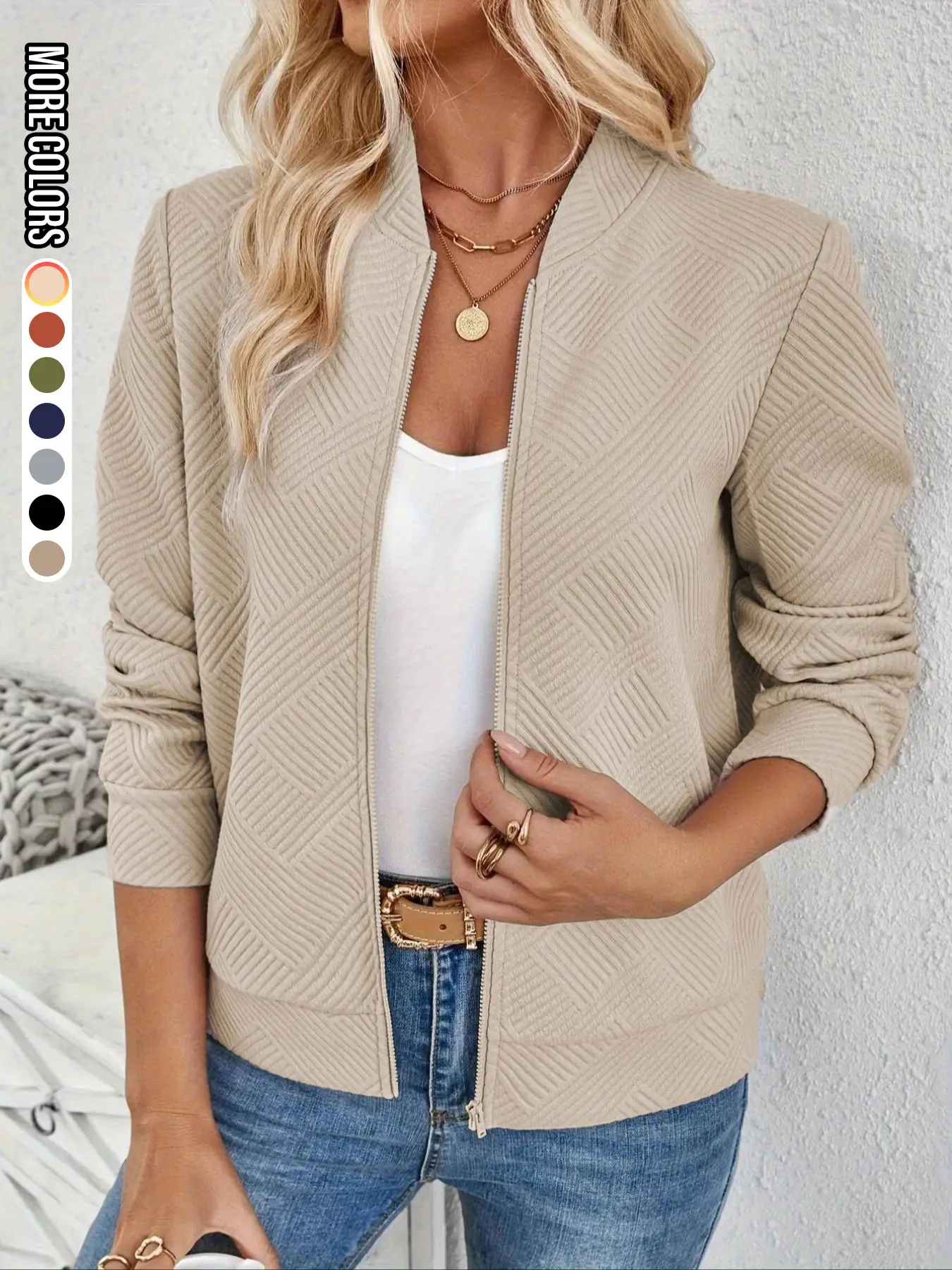 Women's Solid Textured Zip Up Jacket, Casual Long Sleeve Mock Neck Outerwear for Spring & Fall, Ladies Clothes for Daily Wear