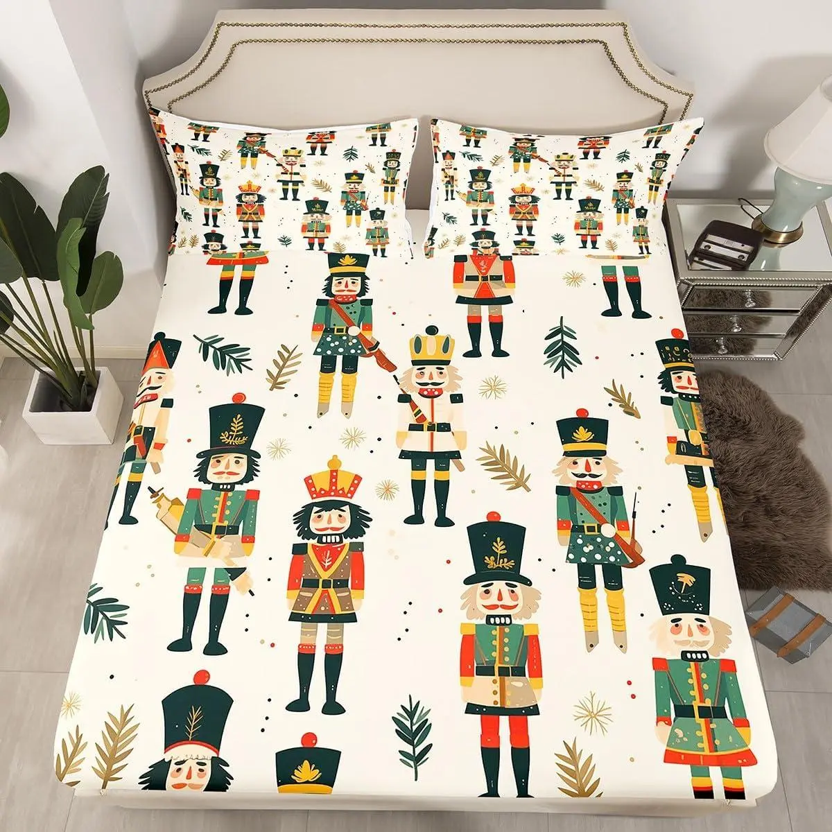 Merry Christmas Fitted Sheet for Nutcracker Xmas Elk | Christmas Bedding Set Deer Decor Bed Sheet Set Bedroom Decor Bedspread Cover Cartoon Nutcracker Bed Set