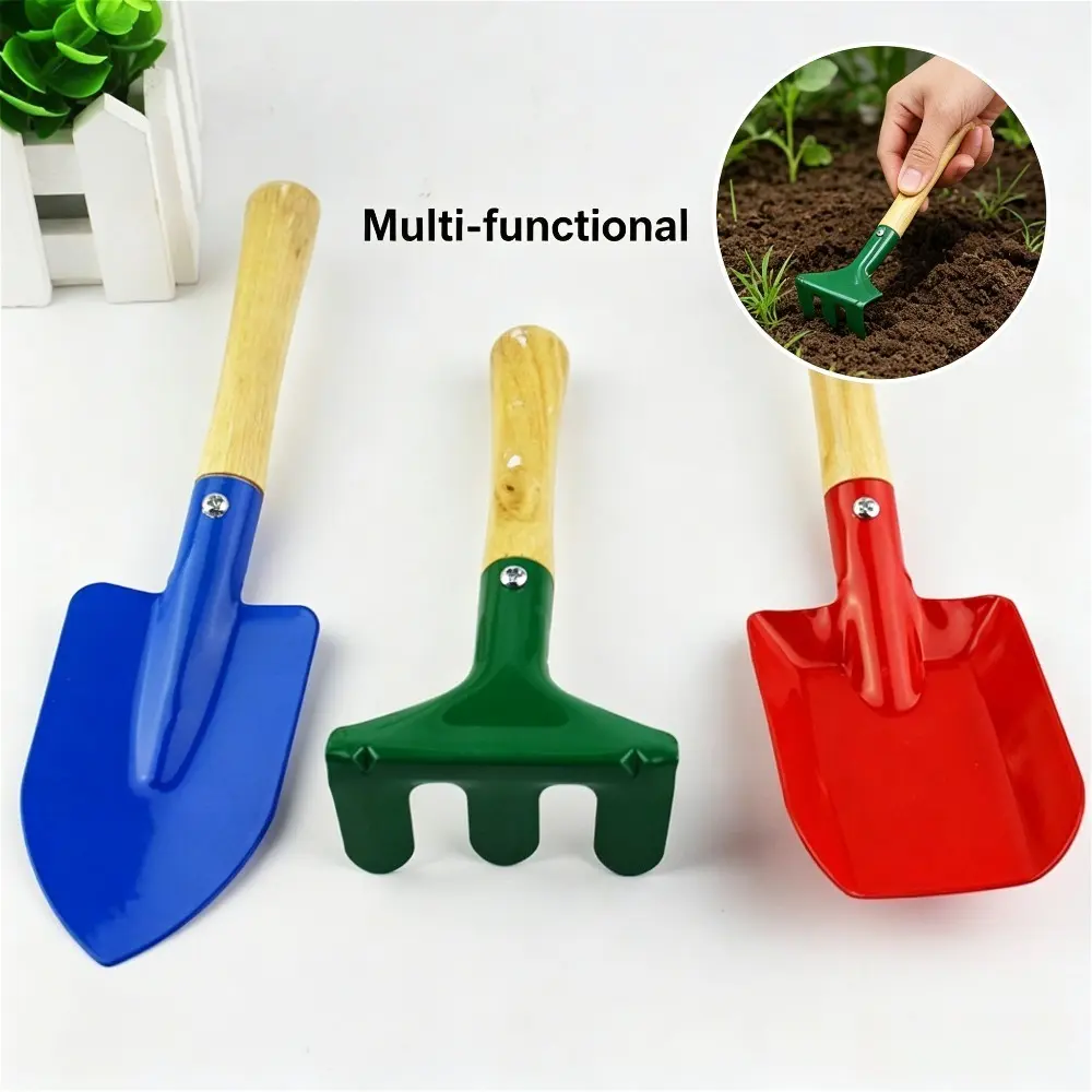 Unisex 3-Piece Anti-Rust Metal Beach Play Tool Set with Wooden Handles - Compact Kids Outdoor Play Sand Pool Shovel Rake, Durable Gardening Digging Planting Gear