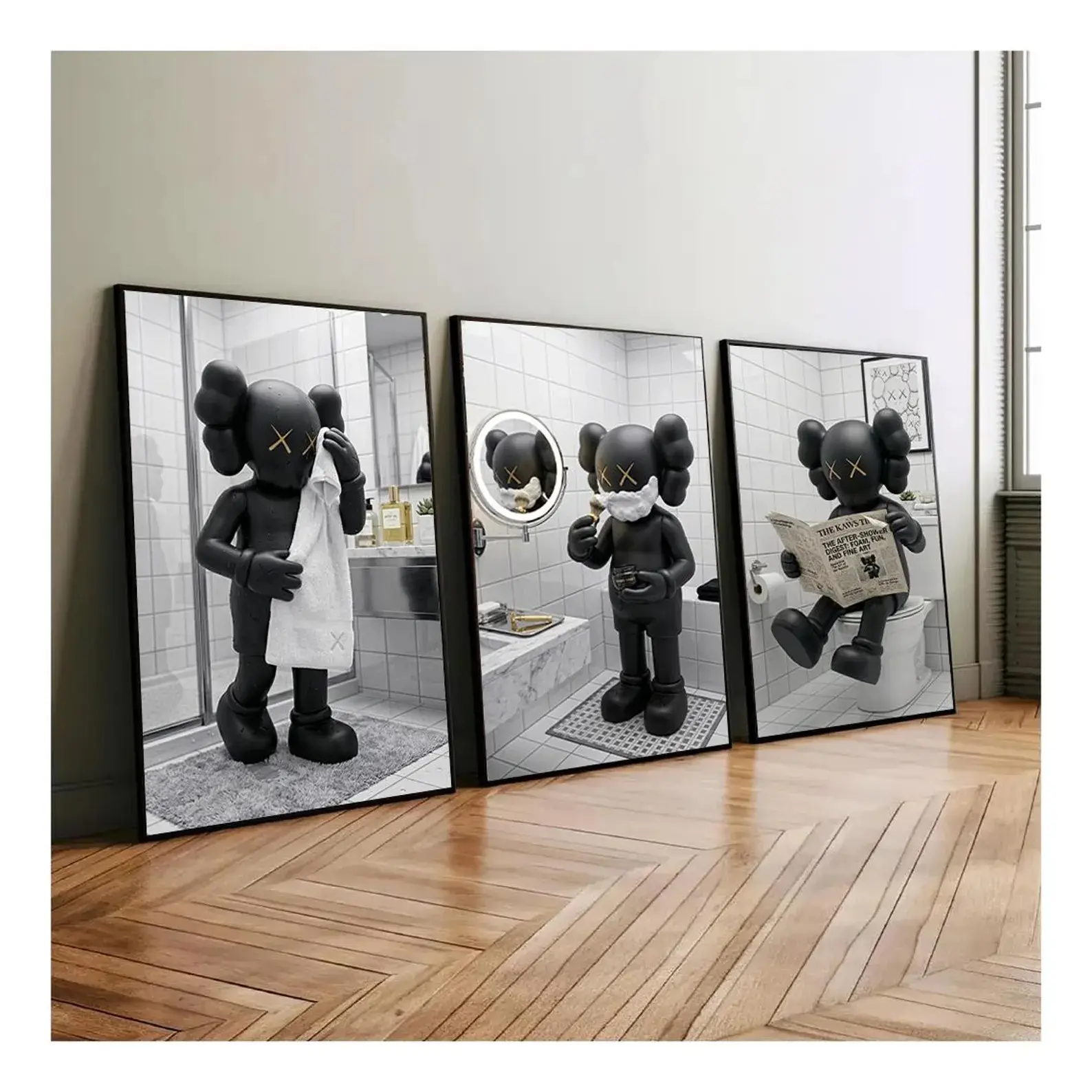 Black KAWS Bathroom Wall Art Set of 3, Hypebeast Home Decor Posters, Luxury Minimalist Shower Prints, Trendy Graffiti Toilet Decor