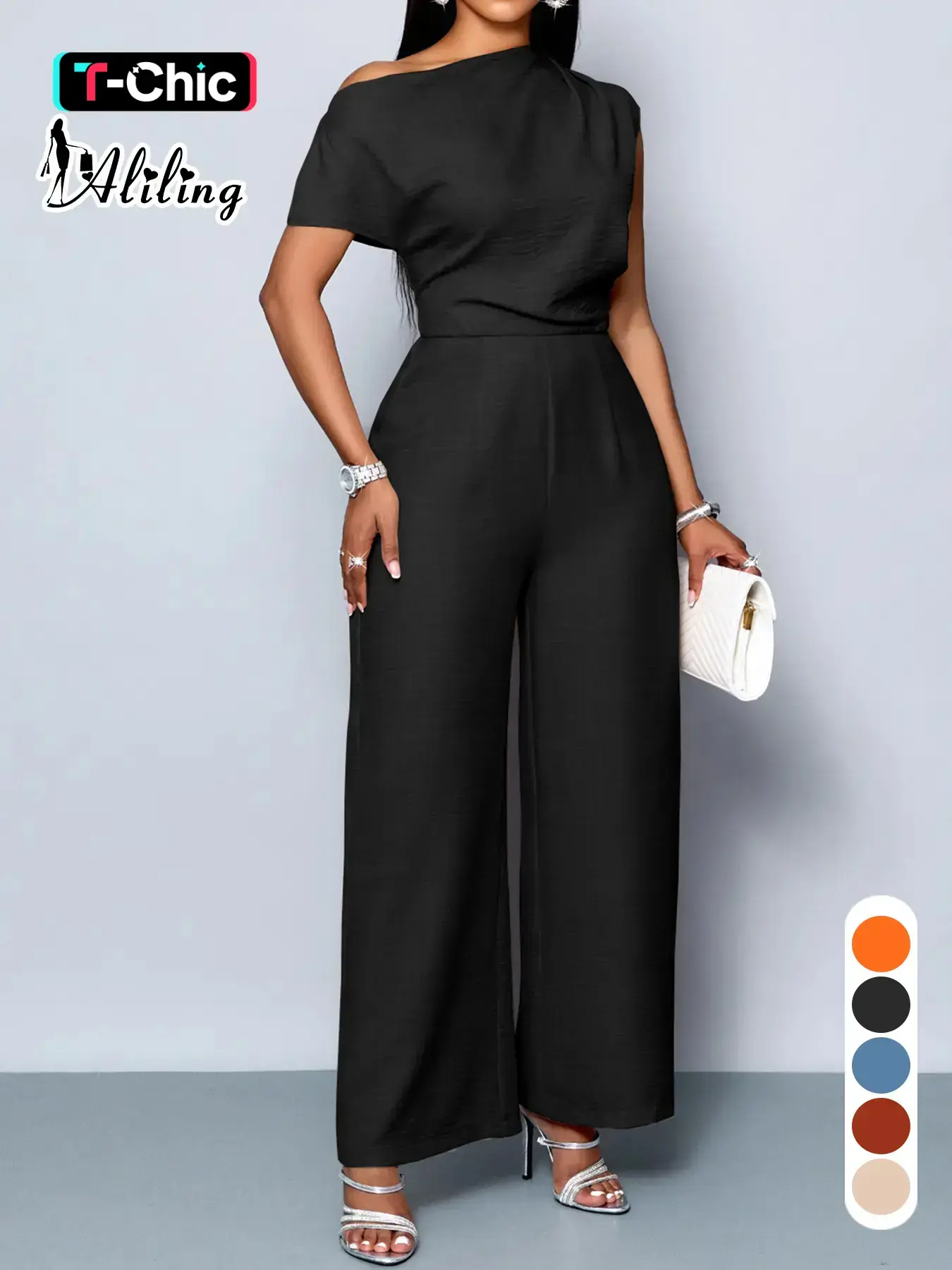 Aliling Elegant Chic Women's Solid Color Jumpsuit, Casual Jumpsuits, High Waist Slim Fit Wide Leg Pants, Casual Fashion for All Seasons, Womenswear, Stylish Ladies' High Waisted Romper, Black