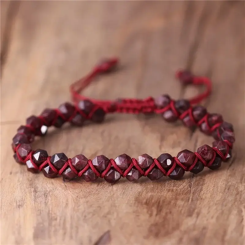 Natural Red Garnet Stone Handmade Double Braided Healing Reiki Women Men Luck January Birthstone Bracelet Gift