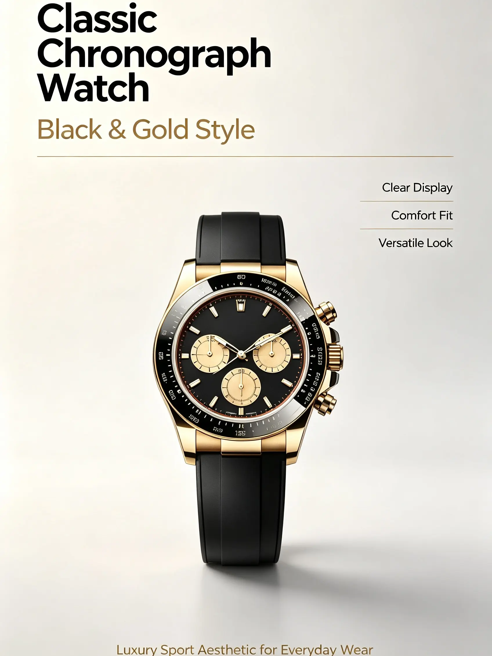 Luxury Black Gold Chronograph Wrist Watch, Silicone Strap Sports Dress Watch for Men Women, Waterproof Multifunctional Casual Daily Timepiece