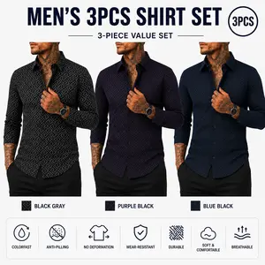 3-pack men’s long-sleeve button-up shirts with geometric prints; comfortable, soft, stretchy casual dress shirts that don’t fade, pill, deform, wear down, or tear—ideal for parties, nightclubs, and dates.