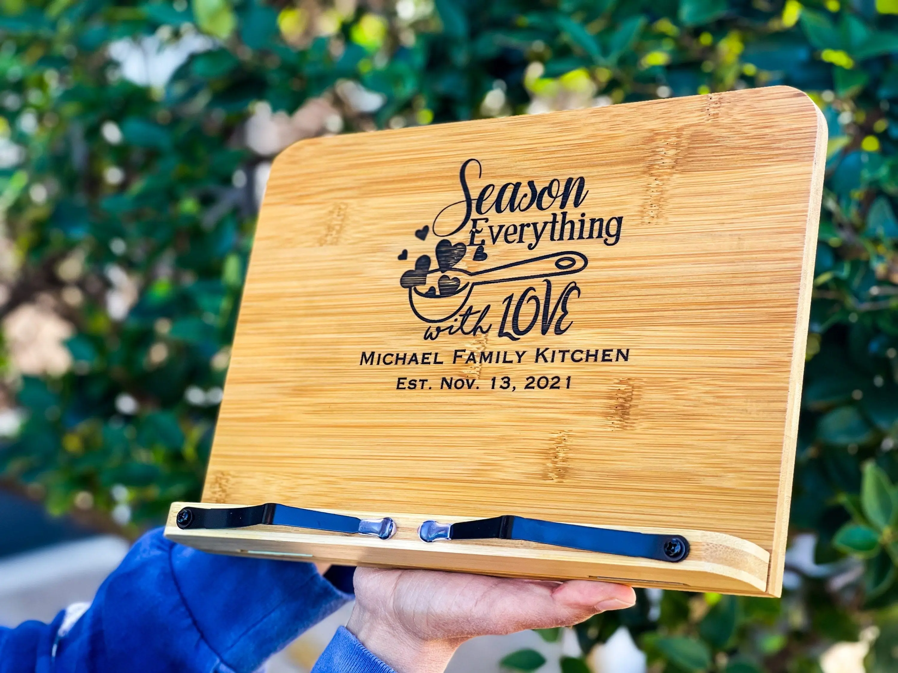 Personalized Engraved Bamboo Book Stand, 11.2"x8.3"x0.39" Foldable Space-Saver Desk Organizer with Non-Slip Rubber Ft, Holds Cook Books/Tablets/Phones, Ideal Gift for Special Recipients (Office Stationery & Supplies for Computers & Office Equipment), Gift
