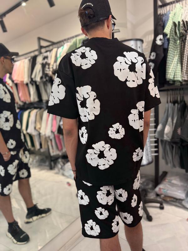 American Trendy Cotton T-Shirt & Slim-Fit Long Pants Hoodies Set Retro Kapok Flower Foamed Print Logo Drawstring Beach Shorts Stretchy Wide Leg Athletic Shorts