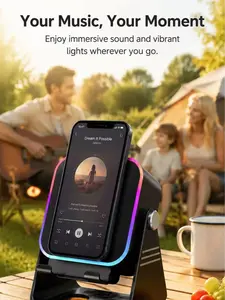 Wireless Bluetooth Induction Speaker, Phone Speaker Amplifier with Colorful Lights  Battery, Portable Phone Stand Compatible with iPhone/iPad/Android/Samsung - Black Party LED