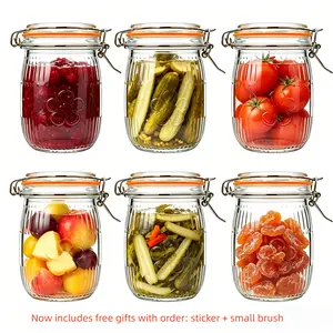 6-Pack 32oz (Free Gifts: Sticker + Small Brush) Wide Mouth Airtight Mason Jars – Vintage Clamp Lid Glass Storage Jars for Pantry, Coffee, Beans, Food Preservation & Tabletop Decor, Food-Grade, Dishwasher Safe