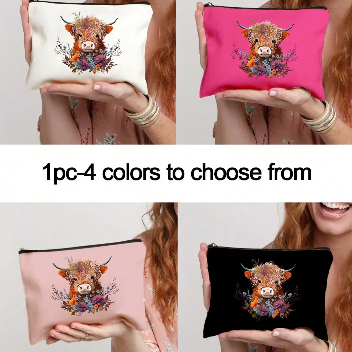 Charming Highland Cow Print Zipper Makeup Bag, Portable Makeup Pouch, Large Capacity Cosmetic Organizer, Travel Essential for Weddings and Holidays