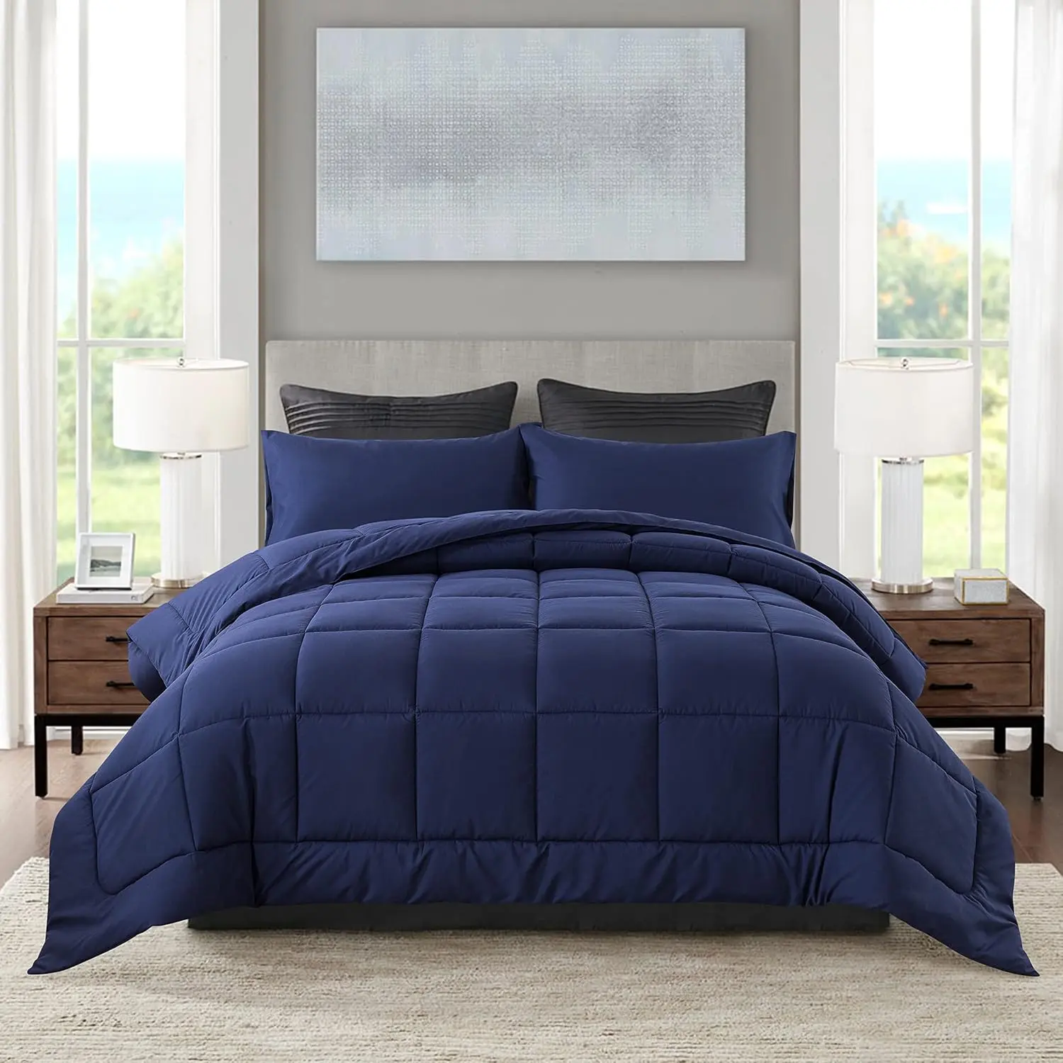 Classic Checkered Blue Full Size Microfiber Bedding Set - Synthetic Down Alternative Comforter, Set Includes 2 Pillowcases