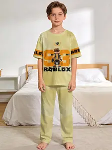 Square Boy Trendy 2-Piece Set - Boys' Digital Print Short-Sleeve Pajamas with Extended Sleep Pants, Stylish, Casual, Comfortable and Soft Pajama Set, Suitable for Boys' Sleep and Home Leisure, Perfect Gift for Boys
