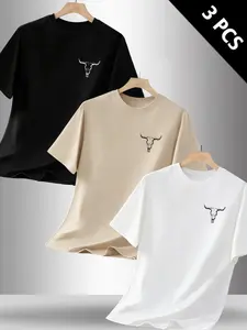 Classic Bull Graphic Print Round Neck Short Sleeve T-Shirt Menswear, Casual Streetwear Fitted Style for Daily, Comfortable 3 Pack Set