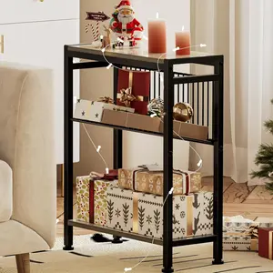 Small Side Table for Small Space, 3-Tier Narrow End Table with Magazine Holder, Slim Nightstand, Skinny Snack Couch Table in Living Room, Bedroom, Study, Kitchen and Balcony (Greige)