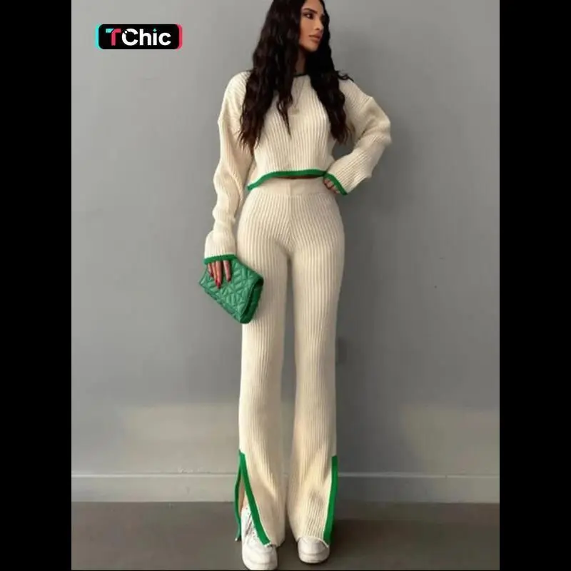 Women's Colorblock Sweater & Pants Set, Casual Fashion Cozy Knitwear Set Daily Outdoor Wear, Women's Knitwear Winter