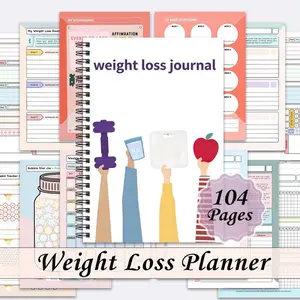 1 A slim spiral notebook, a diary to help you achieve your health goals - a fitness and weight management tracker, including dumbbells, water level gauge, weight scale, and apple icons (for weight loss and body measurement records)