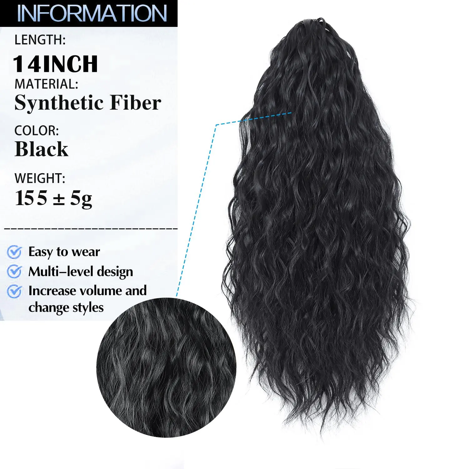 Clip On Ponytail Extension Fluffy Layered Synthetic Heat Resistant Clips In ORSUNCER Black Ponytail Extension Claw Clip - Long Curly  main image 3