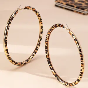 A Pair of Large Geometric Metallic Golden Leopard Print Circular Hoops for Women'S Sexy Outfits.