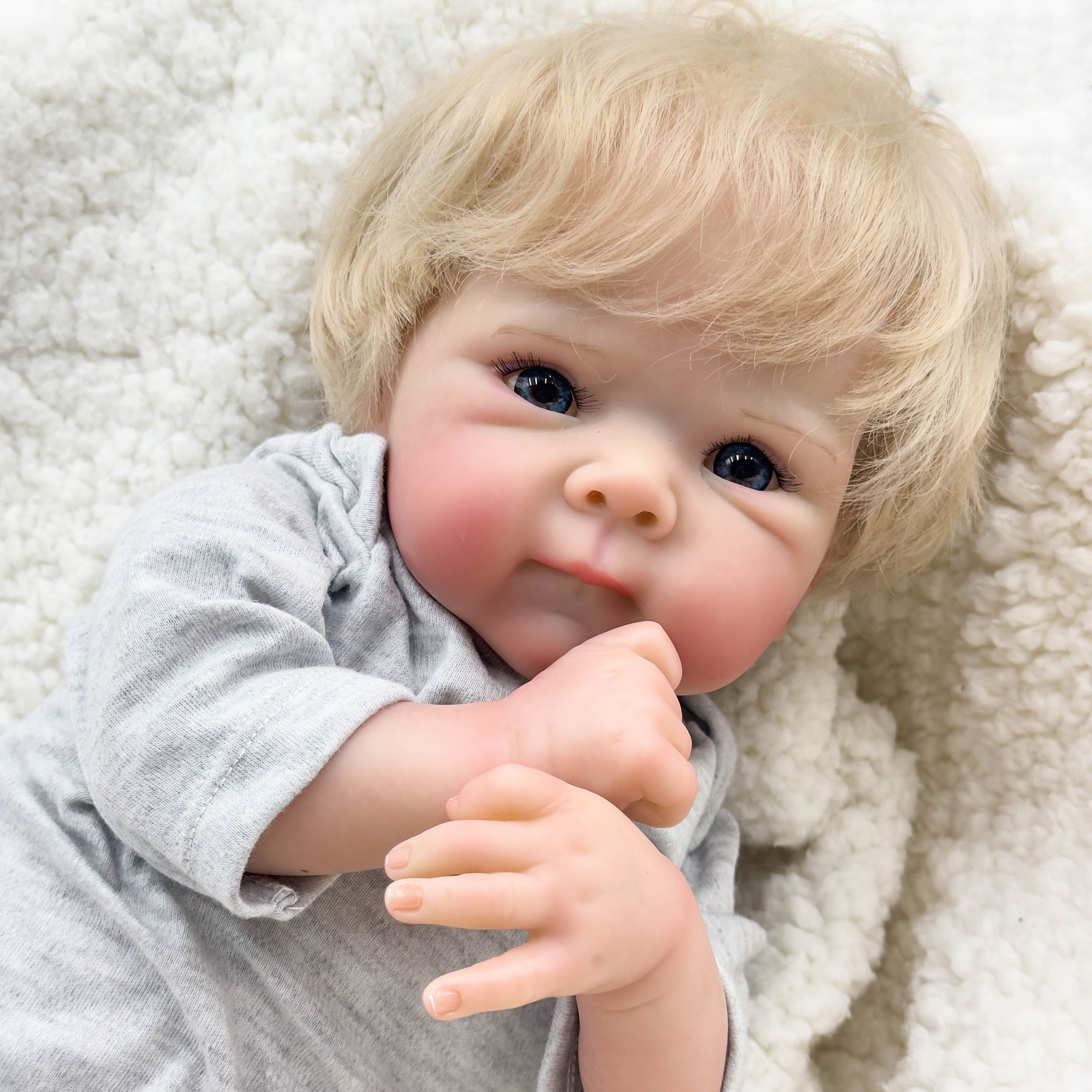 18 Inch Lifelike Reborn Baby Doll with Hand-Rooted Blonde Hair Realistic Newborn in Gray Onesie Magnetic Pacifier & Bottle Great Gift for Kids Collectors