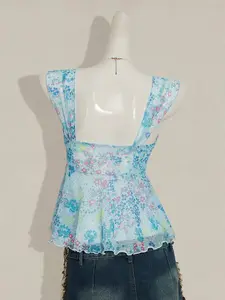 Women's Bohemian Sleeveless Ditsy Floral Print Mesh Tank Top - Regular Fit, Ruched, Asymmetrical Hem, Camisole, Summer-Fall Womenswear