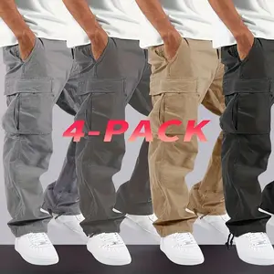 [Heavy-Duty Cargo Pants] 4pcs Men's Heavy-Duty Loose-Fit Pants | Elastic Drawstring Waist, Multiple Utility Pockets - Machine Washable Non-Stretch Fabric for Outdoor, Construction, Travel Available in Gray/Beige/Black Teens Casual Cotton