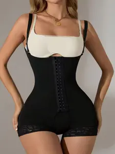 1 Count Women's Butt Enhancing Abdomen Smoothing Tight-Fitting Shapewear, High Compression Shapewear, Fajas, High Stretch Lace Trim Bodysuit, Four Rows Adjustable Hook & Eye Closure Open Bust Design Jumpsuit, Suitable for Training & Party