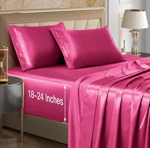 4 count Extra Deep Pocket Satin Sheets  Size Bed Set, Hot Pink Satin Sheet Set Fit 18-24 Inch Deep Pocket Mattress, Silky & Luxury Satin Bedding Set Soft & Ultra Deep Fitted Sheet Set