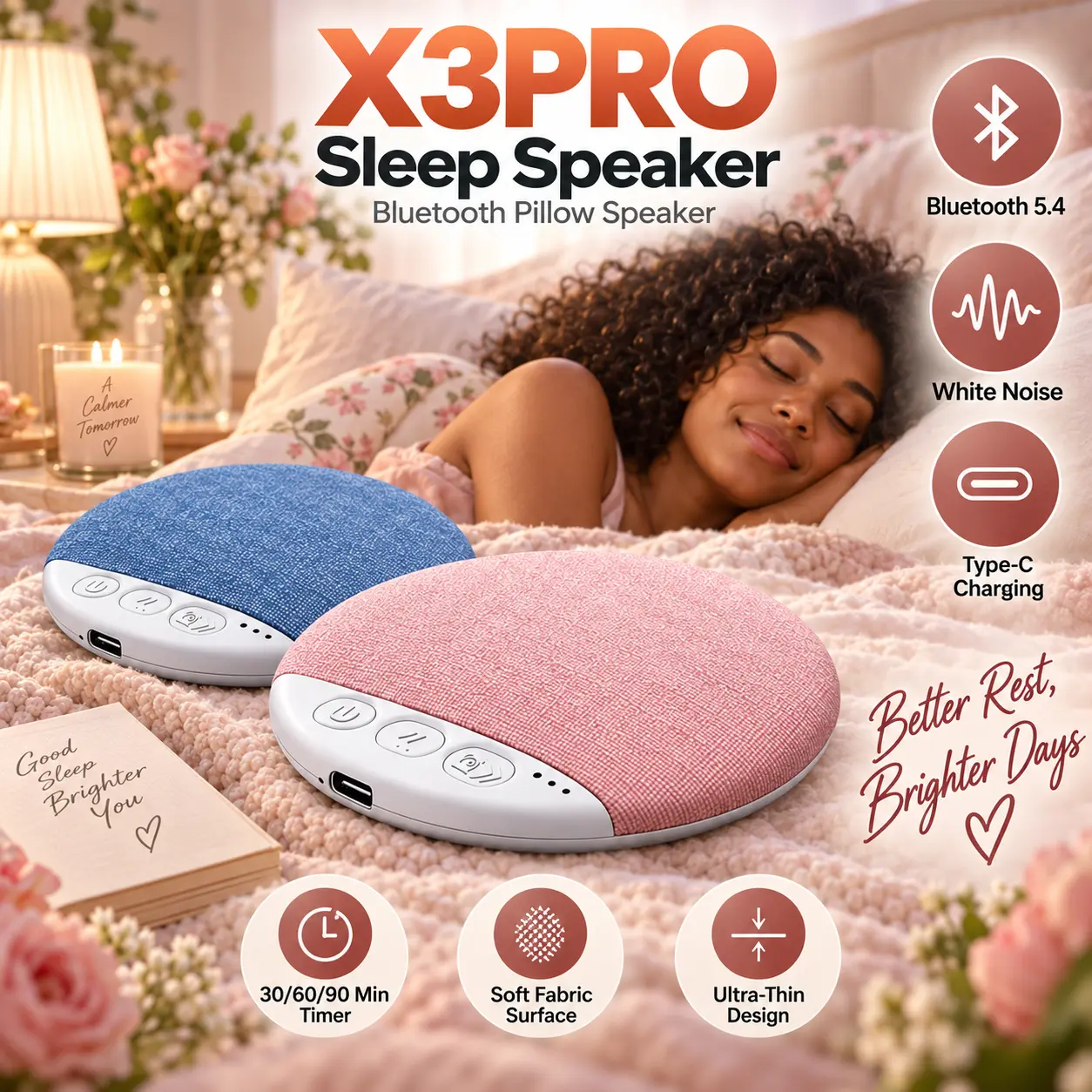 Wireless Pillow Speaker with Bluetooth 5.4, Slim Bedside Audio Speaker for Music, White Noise, Podcasts & Audiobooks, Compact Under-Pillow Speaker with Easy Controls for Bedroom, Hotel & Travel