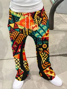 Men's Patchwork Full Print Bell Bottom Pants, Ethnic Style Casual Long Pants, Geometric Pattern, Breathable Streetwear Fashion