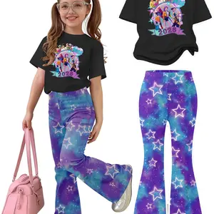 K-Pop Hunter Girl Group New Girls' Y2K Starry Sky Two-Piece Set, Character Print Short Sleeve T-Shirt & Blue Stars Bell Bottom Pants