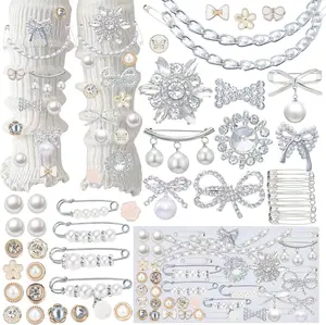 54PCS Junk Socks Charms Kit, Shoe Charms for Sneakers Girls,Silver Brooches and Pins for Women, Pearl and Rhinestone Sock Charm with Safety Pins, DIY Accessories for Decorating and Personalizing Socks