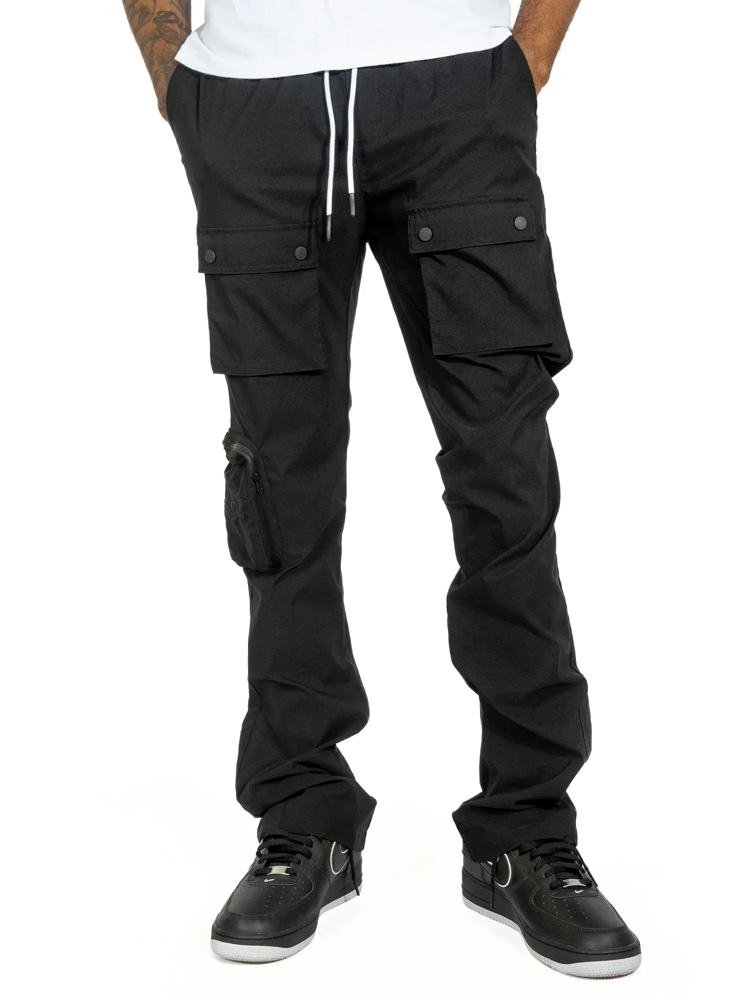MAKOBI SARTONI Nylon Stacked Pants - Black, High-Quality Durable Tech Fleece Fabric, 5 Pockets, Elastic Waistband, Adjustable Drawstrings, True to Size, Menswear, 95% Cotton 5% Spandex, Stacked Leg Design, Streetwear Beige Plain