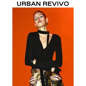 URBAN REVIVO  Women's Halter Neck Tie Detail Casual T-Shirt - UWA440001 Casual Outfit 2025 Women Clothing Girl Elegant Fashion Trendy and Versatile OOTD Long Sleeve Tops