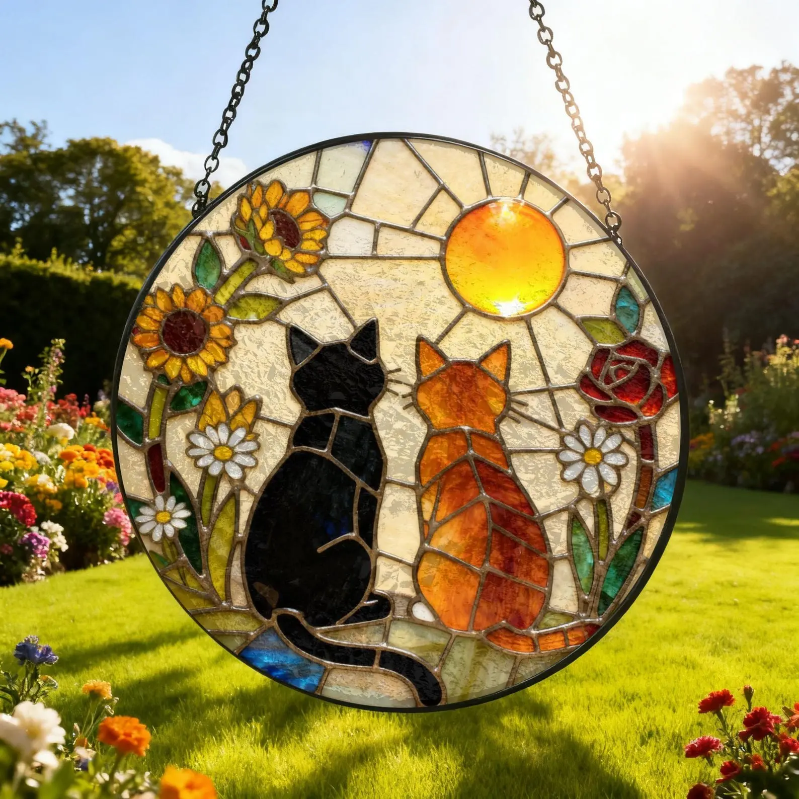 Black and Orange Cat Stained Glass Suncatcher, Cute Cat Window Hanging Ornament, Acrylic Glass Sun Catcher Panel, Memorial Gift for Cat Lovers Home Decor Garden Accents