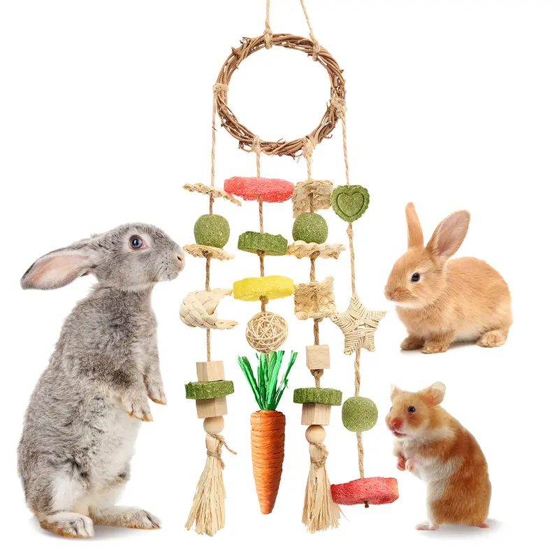 Hanging Rattan-Wood Rabbit Chew Toys - Natural Fiber, Durable Chew, Textured Surfaces, Varied Shapes, Encourages Activity, Foraging Behaviors, Teeth Grinding, Mental Enrichment, Caged Small Rodent Pet Supplies with Snacks for Playtime