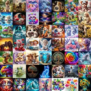 10Pcs Random DIY Round Diamond Painting, Diamond Painting Kits, Small Diamond Painting for Beginners, Cartoon Animal Landscape Pattern Handmade Home Decoration Painting, 7.87x7.87 Inches/11.81x11.81 Inch Birthday Gift, Christmas Gift