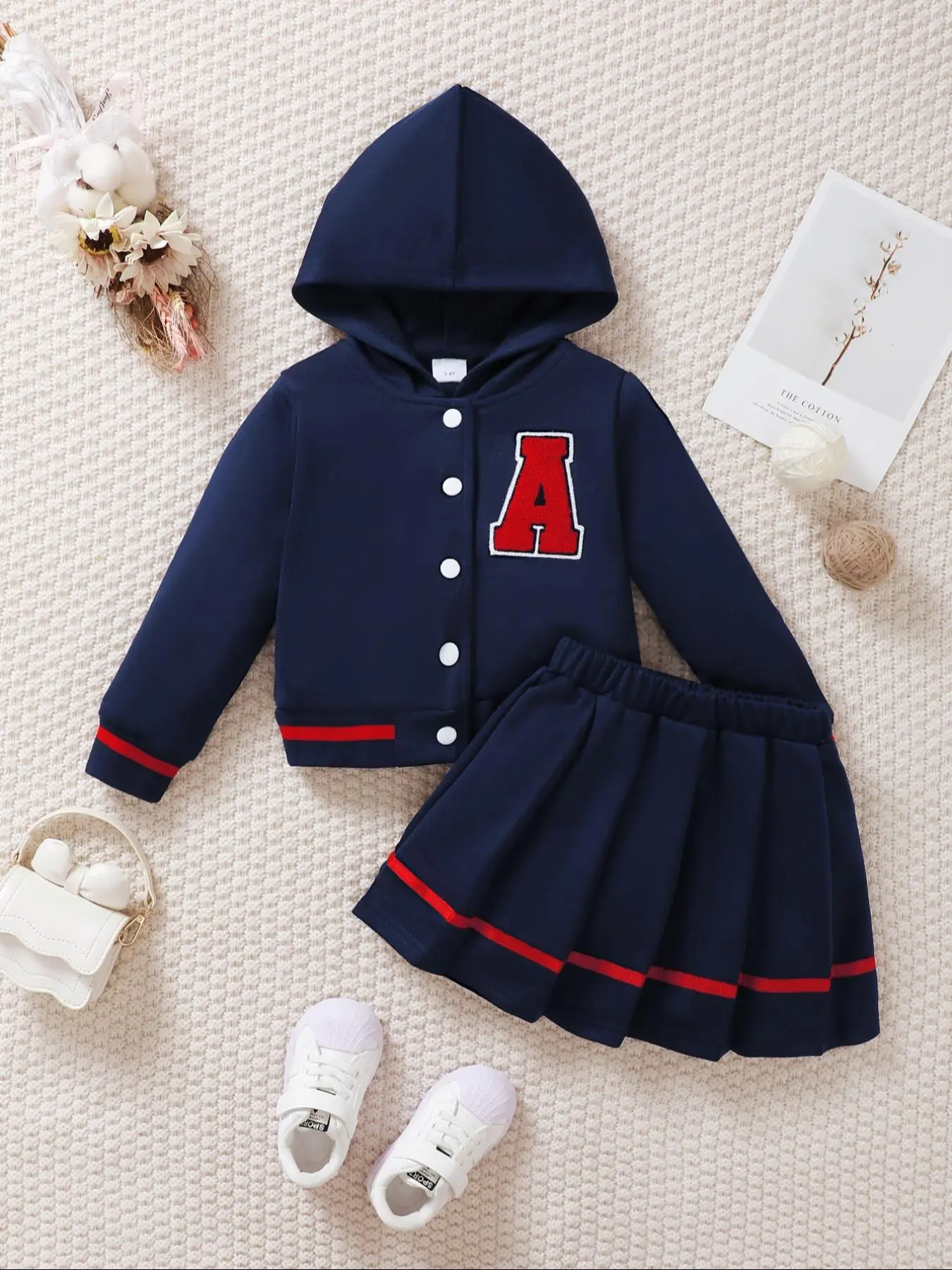 Two-Piece Set Girl's Letter Embroidery Hooded Jacket & Pleated Skirt Set, Casual Long Sleeve Zip Up Outerwear & Skirt for Fall & Winter, Kids Clothes