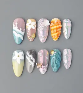 Colorful Acrylic Ocean Press on Nails Short Almond, Handmade Seaside Shell Vacation Nail Designs, Seashell Pearl Nails, Bach Vacation Nails