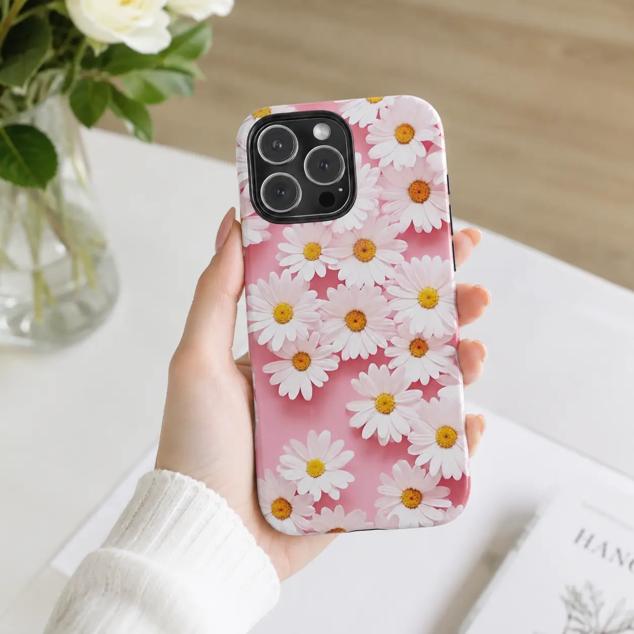 Pink Daisy Flower Tough Phone Case - Cute Floral Aesthetic MagSafe Cover: iP 11-17 Pro Max, SS S21-S25 Ultra