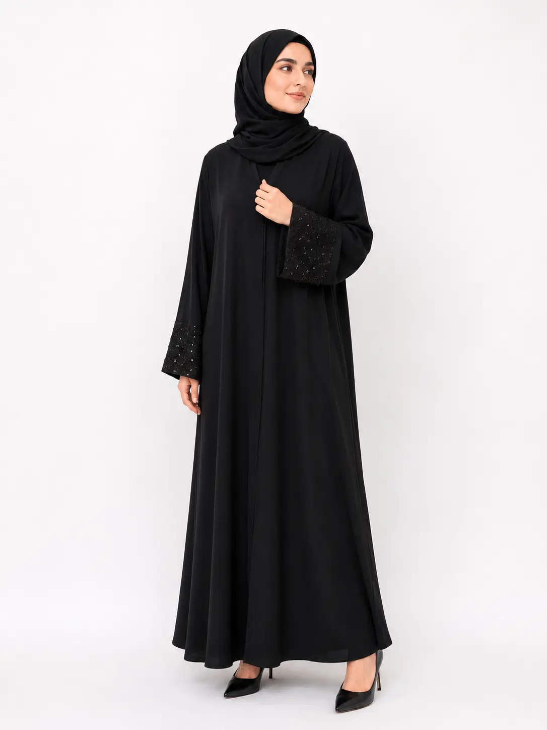 Classic Black Open Abaya-Lace Detailed Sleeves