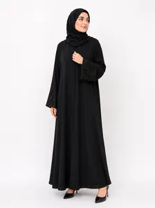 Classic Black Open Abaya-Lace Detailed Sleeves