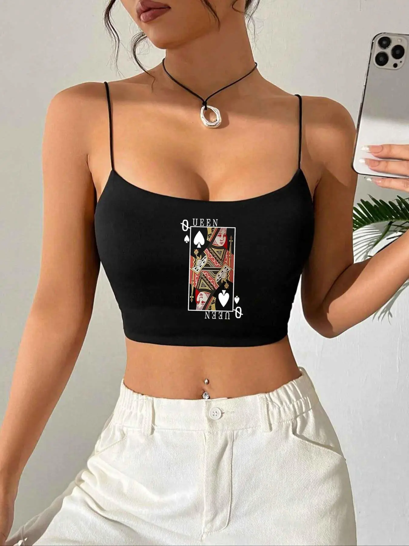 Queen of Spades Feminine Graphic Crop Cami Top - Playing Card Y2K Streetwear Cami