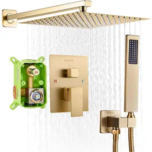 Father's Day Gift VEVOR Shower Faucet Set, Rainfall Bathroom Shower System with 12-Inch Square Rain Shower Head and Handheld Spray (Brushed Gold, 12 Inch)