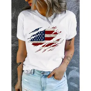 Women's Fitted Elastic Cotton Crew Neck Short-Sleeve Graphic T-Shirt - American Flag Print, Comfortable Everyday Outdoor Unisex Streetwear, Spring & Summer Independence Day Casual Top