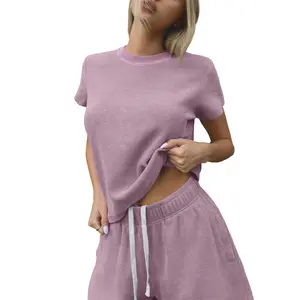 FAIABLE Womens Cropped T Shirt Vintage Wash Waffle Boxy Fit Heavyweight 265GSM Crop Top Waist Length Short Sleeve Tee Ribbed Collar Set-in Sleeve Streetwear Summer Tops Summervibes