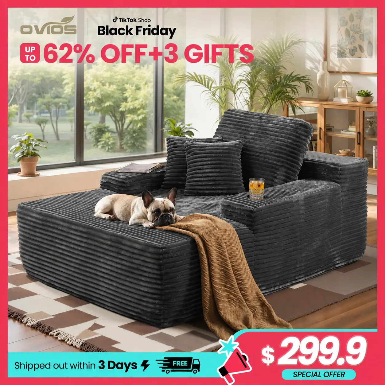 【Black Friday Deals】OVIOS 67" Boneless Chaise Lounge with Cup Holders, Oversized Deep Seat Plush Corduroy Sofa Bed, Convertible Cloud Sleeper Couch & Reading Chair for Living Room, Bedroom, Apartment, No Assembly Required