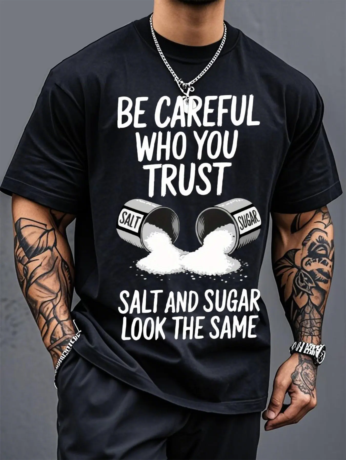 Men's 'Salt and Sugar' Graphic T-Shirt, Casual Streetwear Style in Breathable Cotton, Lightweight Shortsleeve Fit, Regular & Plus Sizes