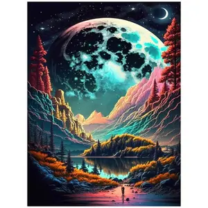 Moon Mountain Lake Starry Sky, Galaxy Art Painting 5D DIY Diamond Painting Kit Full Drill Square Round Diamonds Embroidery Cross Stitch Art Craft Home Wall Decor Art Gift Handmade Decorative Painting Set