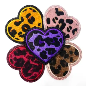 Leopard Heart Iron On Patches Cute Kawaii Embroidered Applique for DIY Clothes Jeans Hats Jackets Backpacks Fashion Decoration,5colors